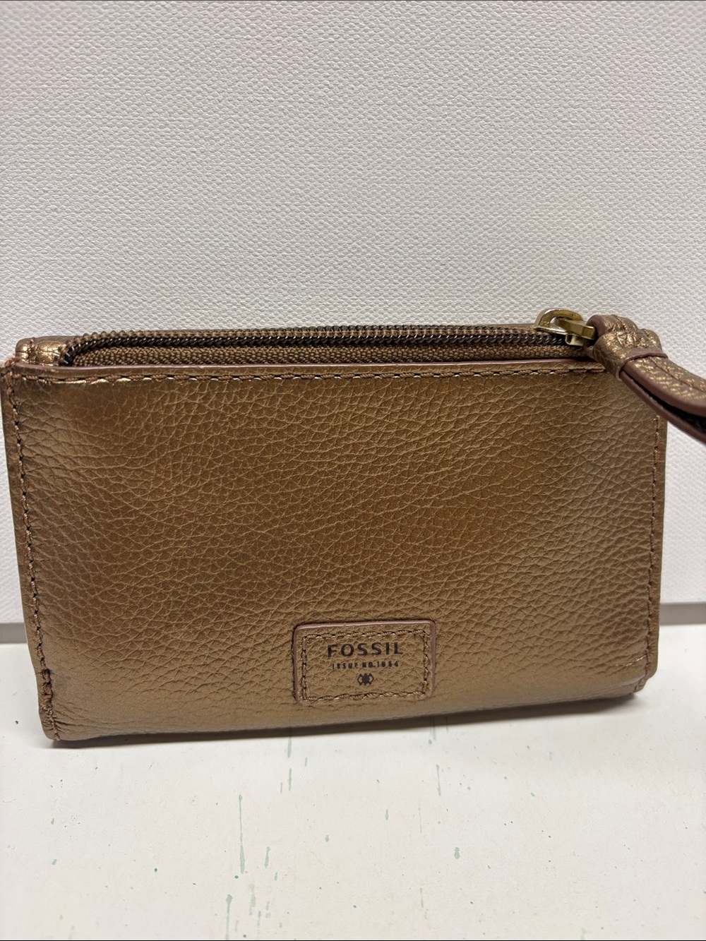 Fossil Metallic Bronze Leather Zip Card Wristlet
